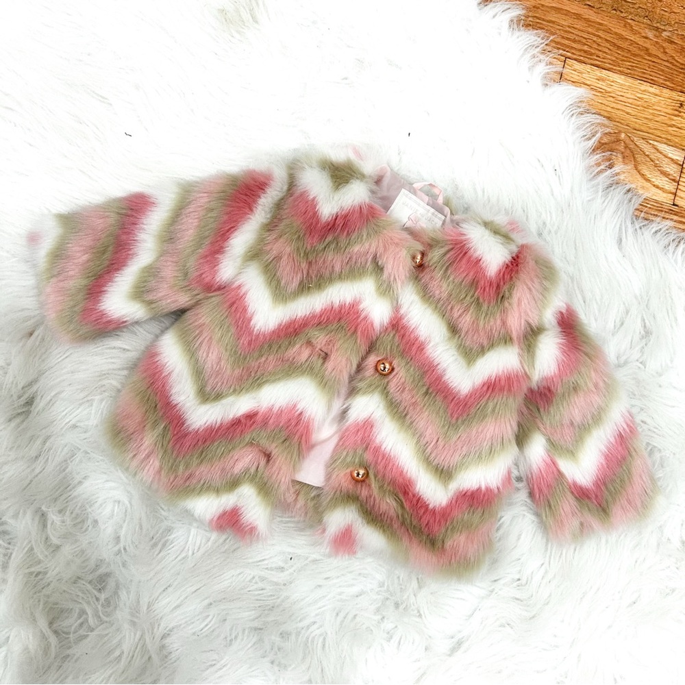 Janie and Jack Multicolor Chevron Faux Fur Jacket 6-12M - Picture 2 of 6